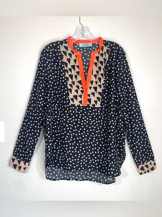 Karlie Tops - Karlie Polka Dot Colorblock Blouse Large Navy Orange Lightweight Statement Top